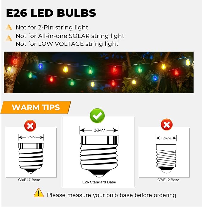 GvvooHome 24 Pack LED S14 Colored Light Bulbs for Outdoor String Lights, Shatterproof 1W Replacement Bulbs for Patio Lights, Dimmable, 2200K Warm White, E26 Base, Multi-Color: Red/Blue/Yellow/Green