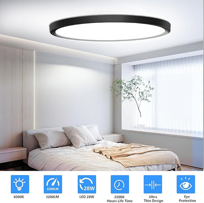 Flush Mount Ceiling Light Fixtures,12inch Flat led Light for Ceiling,6500K 3200LM Ultra Thin Round Black Lamp for Bedroom Kitchen,Bathroom,Garage,Living Room, Dining Room - 2PCS