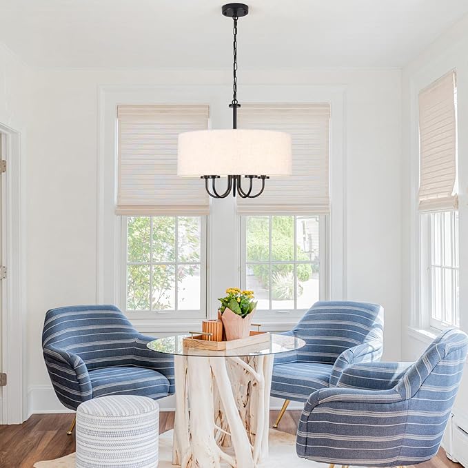 5 Lights Drum Chandelier for Dining Room 19" Modern Farmhouse Black Chandeliers with Shades Round Pendant Light Fixtures Linen Hanging Chandeliers for Bedroom Living Room Kitchen Over Table Foyer