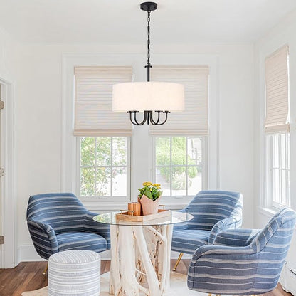 5 Lights Drum Chandelier for Dining Room 19" Modern Farmhouse Black Chandeliers with Shades Round Pendant Light Fixtures Linen Hanging Chandeliers for Bedroom Living Room Kitchen Over Table Foyer