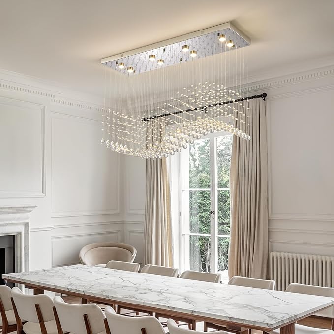 Modern Rectangle Crystal Raindrop Chandelier: 39.4" Chrome Dimmable 3 Color Led Chandeliers with Remote - Contemporary Wave Flush Mount Ceiling Light for Kitchen Island Dining Room Living Room Foyer