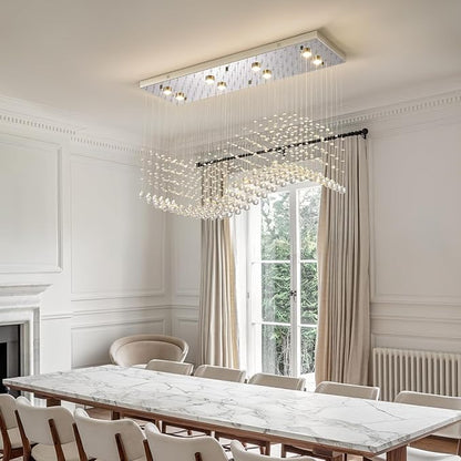 Modern Rectangle Crystal Raindrop Chandelier: 39.4" Chrome Dimmable 3 Color Led Chandeliers with Remote - Contemporary Wave Flush Mount Ceiling Light for Kitchen Island Dining Room Living Room Foyer