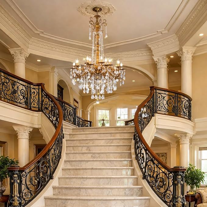 Antique Gold Crystal Chandeliers for High Ceiling H54, 15 Lights Large Luxury Crystal Candle Style Chandelier Light Fixture, Foyer Entryway Staircase Oversize Round H54 D32