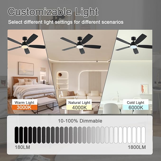 NKPU 52 Inch Ceiling Fans with Lights, Black Ceiling Fan and Remote/App Control, 2 Downrods, DC Reversible, Noiseless, Dimmable, 5 Dual-Sided Blades Modern Ceiling Fan for Indoor/Outdoor Use