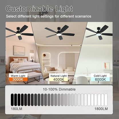 NKPU 52 Inch Ceiling Fans with Lights, Black Ceiling Fan and Remote/App Control, 2 Downrods, DC Reversible, Noiseless, Dimmable, 5 Dual-Sided Blades Modern Ceiling Fan for Indoor/Outdoor Use