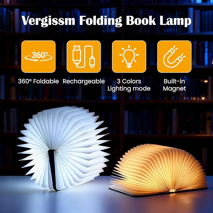 Vergissm 6.5 Inch Book Lamp, Foldable Paper Book Light, Bookshaped Night Light Embossed Cover Design, Rechargeable Folding Paper Lamp, Perfect Books Decor & Book Lovers, Women or Friend Gift Choice
