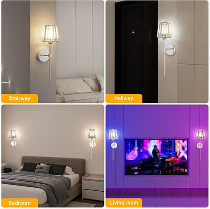Crystal Battery Operated Wall Sconces Set of 2, Chrome Rechargeable Wireless Wall Lights with Crystal Lampshade, 12 RGB and 3CCT Dimmable Wall Lamps with Remote for Bedroom Living Room Hallway