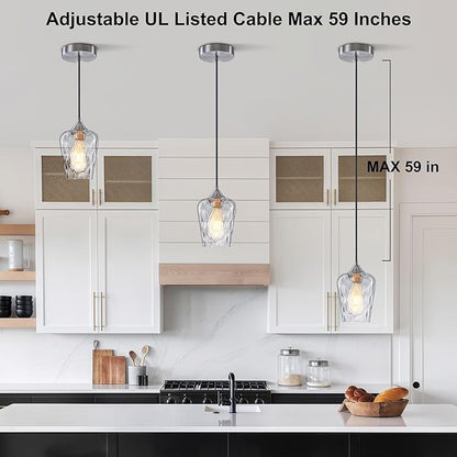 3 Pack 5.1" Kitchen Pendant Lights, Small Brushed Nickel Hammered Glass Pendant Light Fixtures, Mini Modern Pendant Lights Kitchen Island Lighting for Dining Room Over Sink