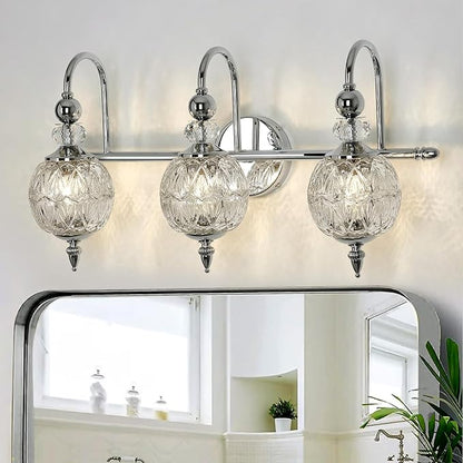 Piepooye Modern Bathroom Light Fixtures Polished Chrome Vanity Light with Glass Globe LampShade 3 Lights Mid Century G9 Bulb Wall Sconce Indoor Vanity Light Over Mirror for Bedroom Kitchen Hallway