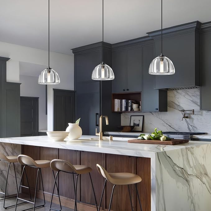 Crystal Pendant Light Kitchen Island: 2 Pack Luxury Brass Hanging Lights - 7" Modern Crystals Hemispher Lighting Fixture over Dining Table - Adjustable Black Pendants Light for Bathroom Bulbs Included