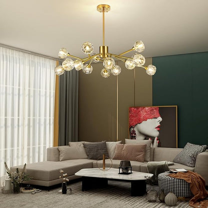 Weesalife Sputnik Chandeliers for Dining Room Light Fixtures,Modern Crystal Chandeliers for Living Room,15 Lights Gold Mid Century Brass Lighting Fixtures for Kitchen Island Bedroom Entryway