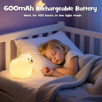 Squishy Polar Bear Night Light with RGB Mode Cute Polar Bear Light 3 Brightness Adjustable Nursery Breastfeeding Nightlight Rechargeable Silicone Touch Bedside Animal Lamp for Bedroom Dorm Decor