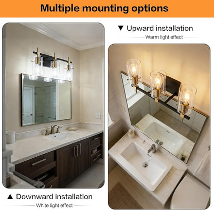 SOLFART Vintage Vanity Lights Bathroom Light Fixture Over Mirror for Bath Glass Shade Light Black and Brass Modern Style 3 Lights