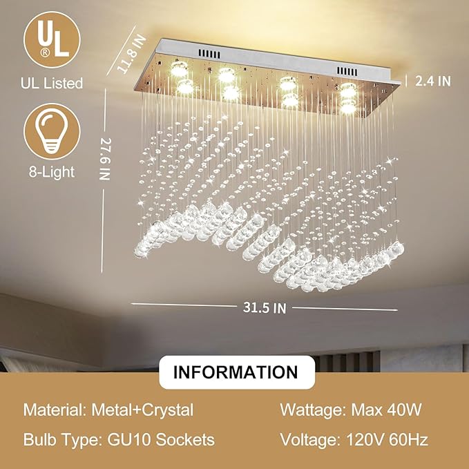 Depuley Modern K9 Crystal Chandelier, 8-Light Rectangle Flush Mount Ceiling Light, Wave Raindrop Crystal Pendant Lighting for Dining Room Kitchen Living Room Bedroom, L31.5'' x W11.8'' x H27.5'