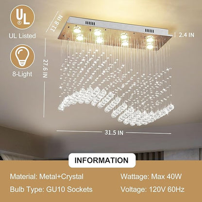 Depuley Modern K9 Crystal Chandelier, 8-Light Rectangle Flush Mount Ceiling Light, Wave Raindrop Crystal Pendant Lighting for Dining Room Kitchen Living Room Bedroom, L31.5'' x W11.8'' x H27.5'