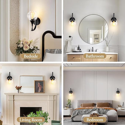 Black Wall Sconce Light, Modern Vanity Light Fixtures with 4.9 Inches Clear Glass Shade, Farmhouse Wall Lights for Living Room, Bedroom, Hallway