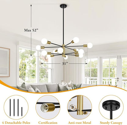 BesLowe 31'' 12-Light Modern Sputnik Chandelier, Mid Century Black & Gold Chandeliers Lighting, Farmhouse Ceiling Hanging Light Fixture for Dining Room Bedroom Room Kitchen Foyer, Height Adjustable