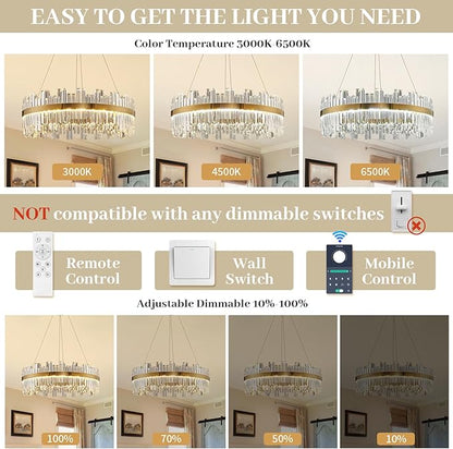 23.6" Dimmable Modern LED Crystal Chandeliers,Gold Chandelier Light Fixture, 3 Colors Contemporary Pendant Ceiling Light for Dining Room Living Room Kitchen Island Entryway Foyer ,With Remote Control