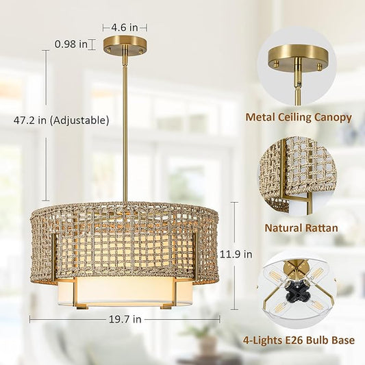 19.7" Rattan Chandelier for Dining Room, 4-Light Boho Hand Woven Pendant Light with Fabric Shade, Rustic Hanging Ceiling Light Fixture for Living Room, Kitchen Island, Bedroom, Hallway, Foyer