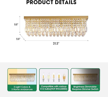 Modern Crystal Chandeliers for Dining Room Light Fixture, 6-Light Gold Rectangle Chandelier Ceiling Light for Kitchen Island Living Room, L31.5 Inch