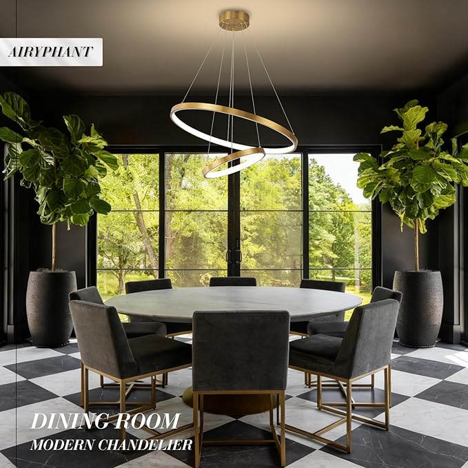 Gold LED Ring Chandeliers Modern 2-Ring Chandelier Dimmable Flush Mount Pendant Light Fixture Remote Control Contemporary Pendant Chandelier for Dining Room Bedroom Foyer (23.6"+11.8")