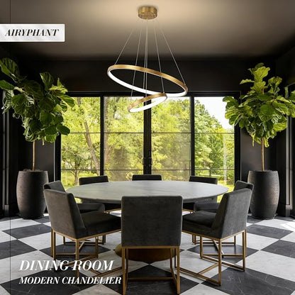 Gold LED Ring Chandeliers Modern 2-Ring Chandelier Dimmable Flush Mount Pendant Light Fixture Remote Control Contemporary Pendant Chandelier for Dining Room Bedroom Foyer (23.6"+11.8")
