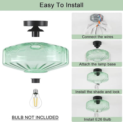 Semi Flush Mount Ceiling Light, 11.8" Vintage Green Glass Ceiling Lights, 1-Light Mid Century Modern Drum Close to Ceiling Light Fixtures for Bedroom Kitchen Entryway Hallway Porch Foyer