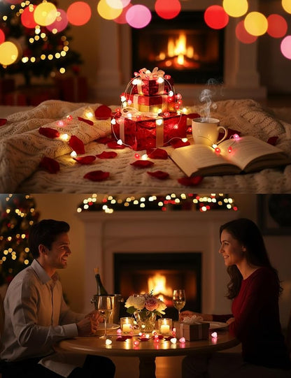 BOHON Valentine Day Decorations, 13 ft 40 LEDs Heart Lights String, Red White Pink Fairy String Lights Battery Operated, Valentines Decor for The Home Galentines Day Indoor Garland Party with Timer