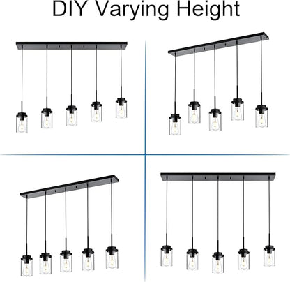 MELUCEE Kitchen Island Lighting Modern 5 Lights Linear Chandeliers for Dining Room, Industrial Black Pendant Light Fixtures Ceiling Hanging with Clear Glass Shade, 37 Inches Length