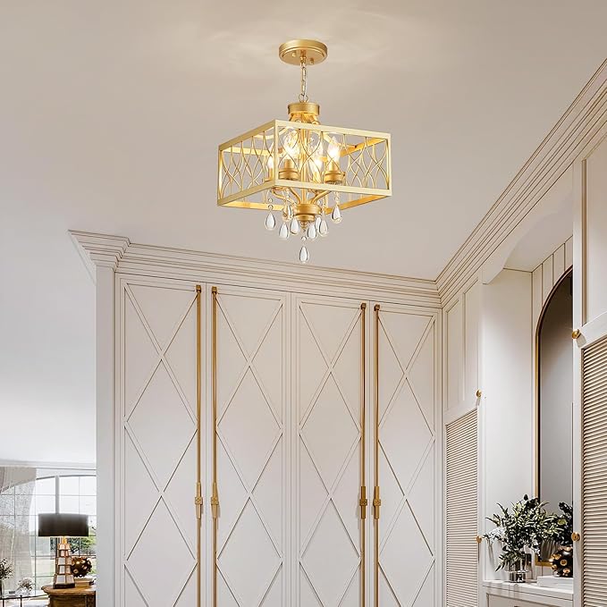 Farmhouse Crystal Chandelier Gold Modern K9 Crystal Ceiling Chandelier Lighting Fixture, Hanging Pendant Light Fixture, Kitchen Island Lighting for Dining Room Living Room Entryway Bedroom Hallway