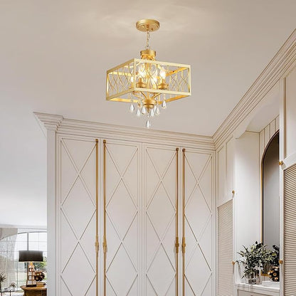 Farmhouse Crystal Chandelier Gold Modern K9 Crystal Ceiling Chandelier Lighting Fixture, Hanging Pendant Light Fixture, Kitchen Island Lighting for Dining Room Living Room Entryway Bedroom Hallway