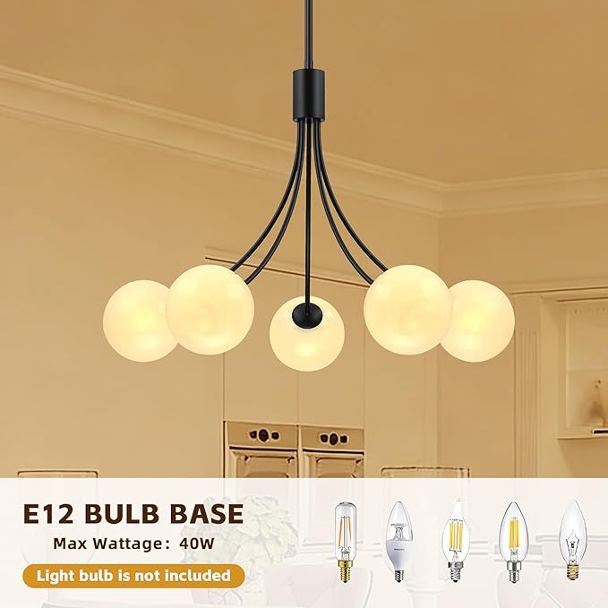 Bubble Chandelier, Modern Sputnik Dining Room 5-Light Chandelier with Black Finish and Glass Globes for Kitchen Bedroom Foyer and Living Room