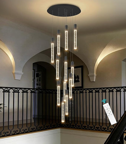 HAIXIANG 118" High Ceiling Chandelier Linear Crystal Pendants, Remote Dimmable, Compatible Sloped Ceilings, 12-Light Matte Black, 60 Watts LED, 4800 Lumens