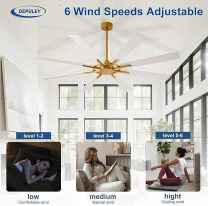Ceiling Fan Without Light: 66 Inch Big Indoor Outdoor Fan with Remote APP Control - Brass White Large Ceiling Fan no Light 8 Blade Reversible Quiet DC Motor Memory Function Timer