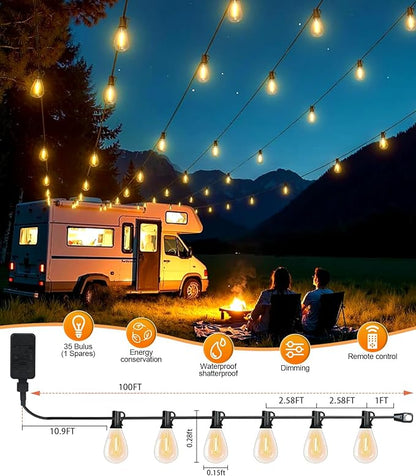 Tenmiro 100FT LED Outdoor String Lights with Remote, 35+ 1 Shatterproof Bulbs Waterproof and Dimmable Patio Lights for Porch, Garden, Backyard, Deck, Balcony, 2700K Hanging Lighting
