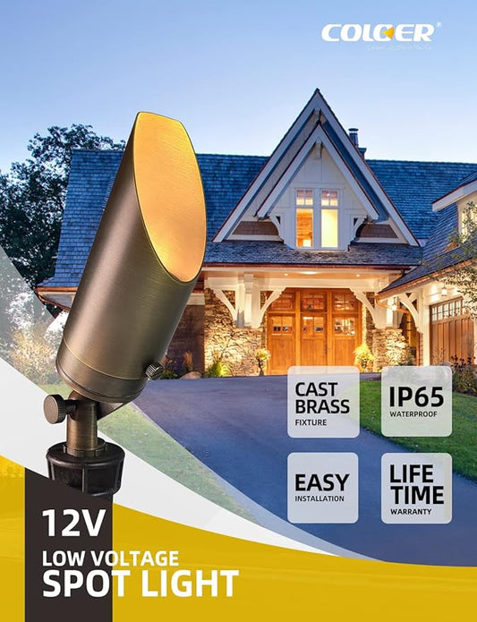 COLOER Die-cast Brass Landscape Spot Lights Outdoor with 5W Aluminum Housing LED MR16 Bulb 2700K 450LM, 12V AC/DC Low Voltage LED Landscape Lighting, Outdoor Directional Up Light(103B, 1-Pack)