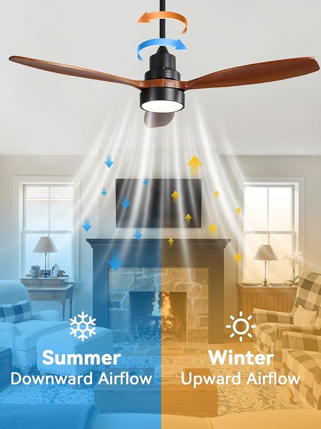 Sofucor Ceiling Fan with Lights and Remote, 52 inch Modern LED Ceiling Fan with 3 Wood Blades and 3 Black Downrods, for Indoor Bedroom Living Room Outdoor Patio Porch, Reversible, Quiet and Powerful