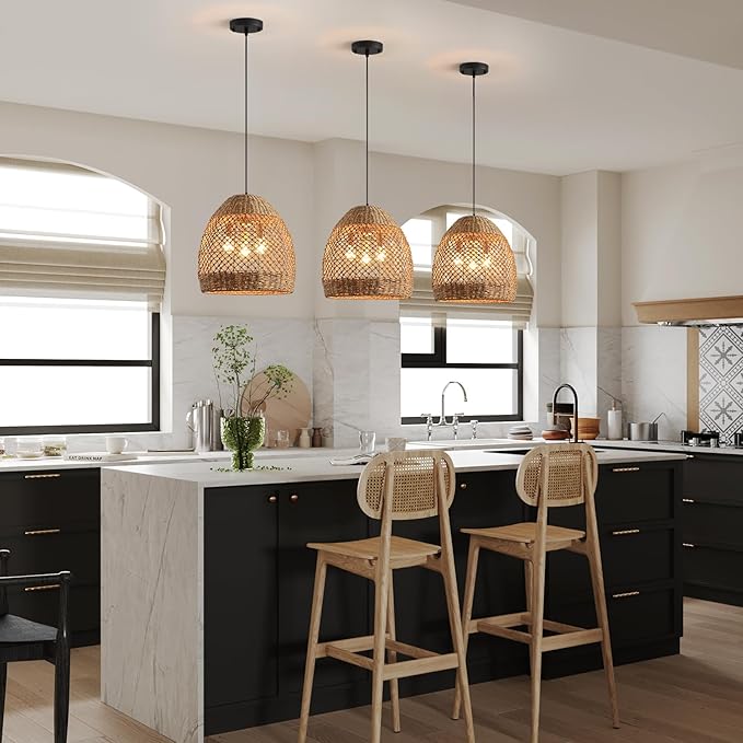 13.8" Farmhouse Woven Chandelier Rattan Wicker Lighting for Dining Room Boho Light Fixture Hanging 3-Lights Brown Pendant Light Kitchen Island for Restaurant Bedroom Breakfast Entryway Bar
