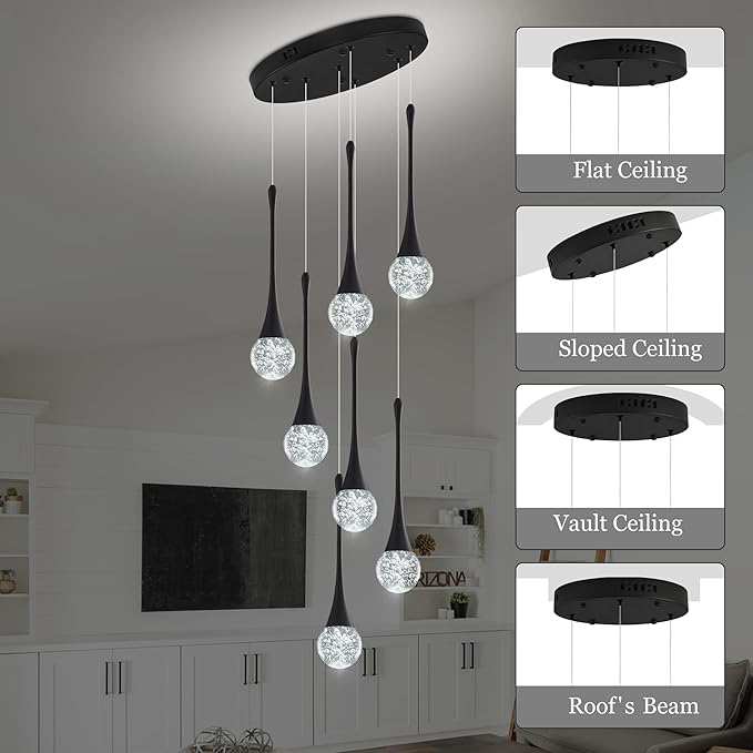 Modern Black Crystal Chandelier for Kitchen Island 7-Lights, Luxury Spiral Dimmable LED Bubble Raindrop Pendant Lighting Fixture for Dining Room Foyer Entryway Bedroom