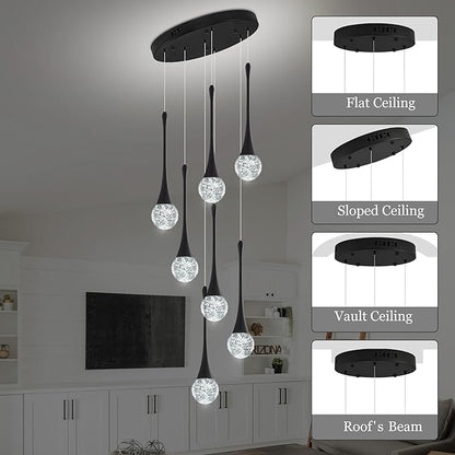 Modern Black Crystal Chandelier for Kitchen Island 7-Lights, Luxury Spiral Dimmable LED Bubble Raindrop Pendant Lighting Fixture for Dining Room Foyer Entryway Bedroom