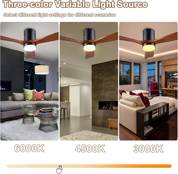 48" Recessed Ceiling Fan with Lights and Remote Control, Indoor Outdoor Wooden Ceiling Fan with 3 Wooden Blades for Patio, Living Room, Bedroom, Hallway