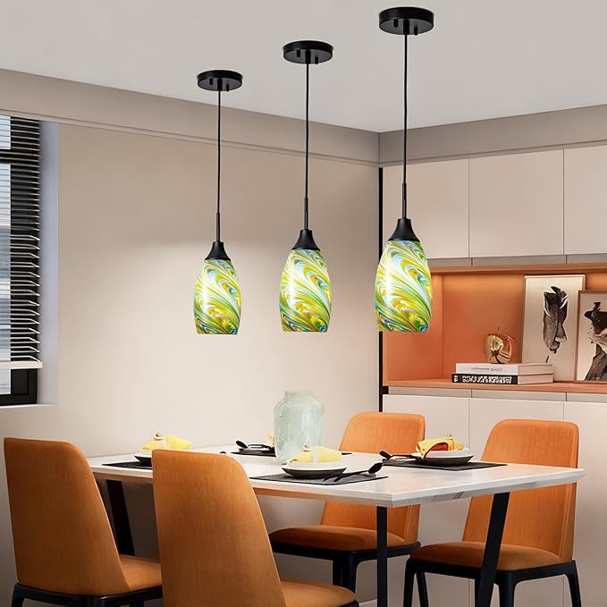 Viinew Mini Glass Pendant Light 4.72" Oval Pendant Lights 3-Pack Handblown Colorful Art Glass Hanging Pendant Light for Kitchen Island Dining Room Living Foyer Hallway Entry Matte Black Metal
