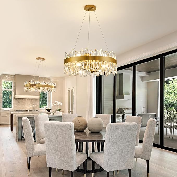 Modern Crystal Chandelier for Dining Room, 12-Light Luxury Gold Flush Mount Crystal Ceiling Light 2-Tiers K9 Crystal Raindrop Chandelier for Living Room Kitchen Entryway Foyer D23.6''