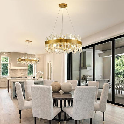 Modern Crystal Chandelier for Dining Room, 12-Light Luxury Gold Flush Mount Crystal Ceiling Light 2-Tiers K9 Crystal Raindrop Chandelier for Living Room Kitchen Entryway Foyer D23.6''