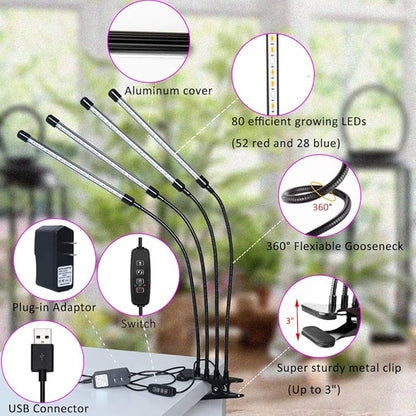 Felibeaco Plant Grow Lights for Indoor Plants Full Spectrum,80 LED Plant Lights for Indoor Growing with Timer, 4 Head Clip Indoor Plant Grow Lamp for House Plants with 3 Lighting Mode/10 Brightness