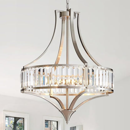 Modern Crystal Chandelier Brushed Nickel, 6-Light Round Pendant Lighting Fixtures, 21.6" Height Adjustable Ceiling Light for Living Room, Kitchen, Dining Room