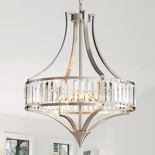 Modern Crystal Chandelier Brushed Nickel, 6-Light Round Pendant Lighting Fixtures, 21.6" Height Adjustable Ceiling Light for Living Room, Kitchen, Dining Room