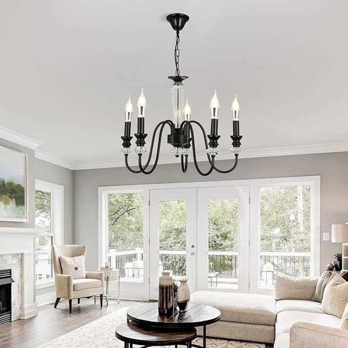 Black Chandelier, 5-Light Farmhouse Candle Chandelier for Living Room, Rustic Industrial Pendant Chandeliers for Dining Room, Vintage Crystal Hanging Light fixture for Hallway Kitchen Foyer E12