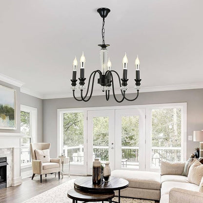 Black Chandelier, 5-Light Farmhouse Candle Chandelier for Living Room, Rustic Industrial Pendant Chandeliers for Dining Room, Vintage Crystal Hanging Light fixture for Hallway Kitchen Foyer E12