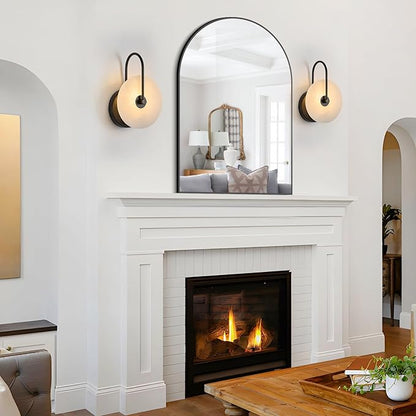 Round Alabaster Wall Sconce, Natural Marble Lampshade Wall Sconce, Hardwired Circular Sconce LED Modern Wall Lamp for Bedroom, Stairs, Living Room, Bedside, Hallway 9.84 Inch Black